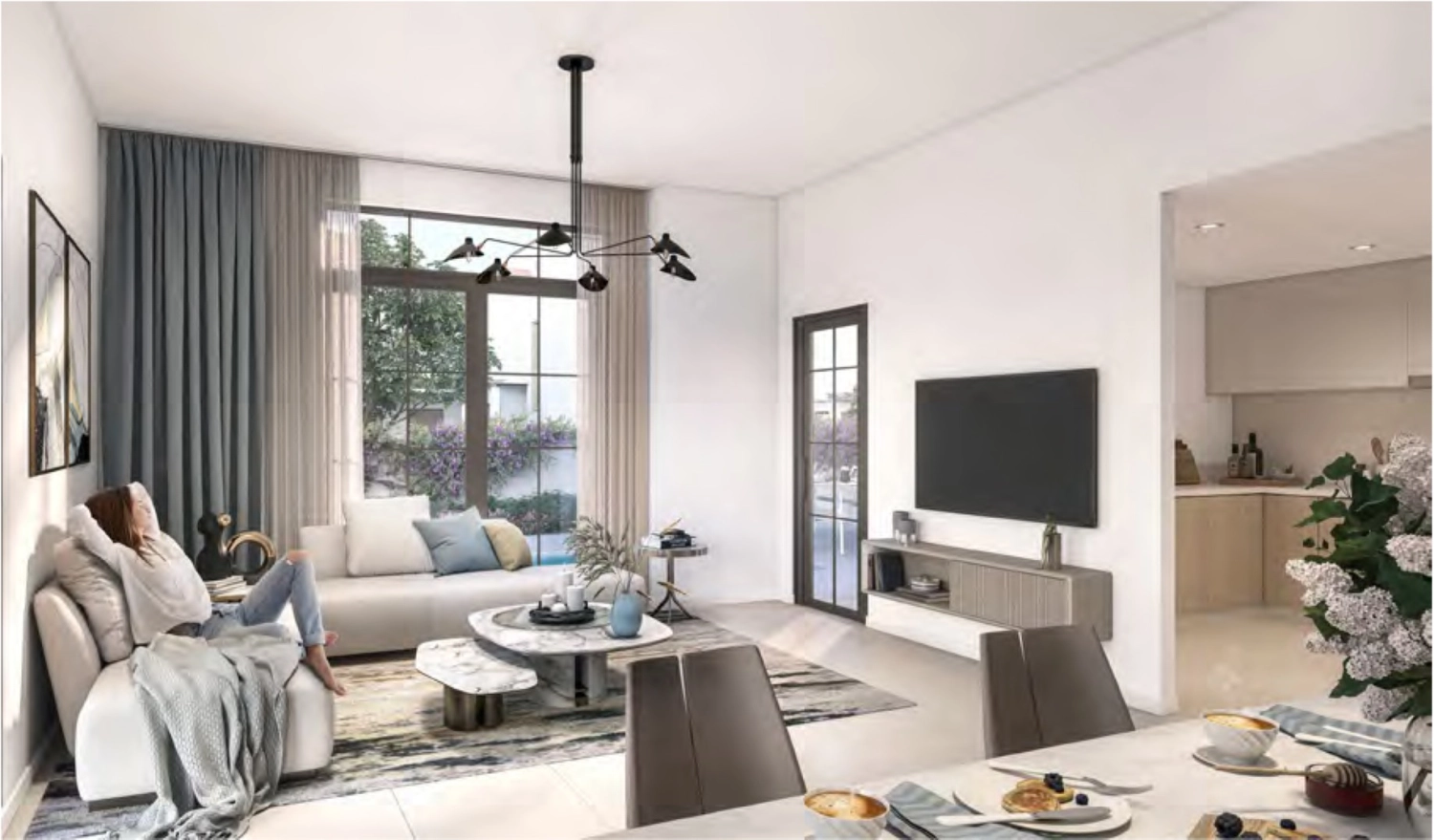 Neutral color palette and open-plan design in Yas Park Views interiors